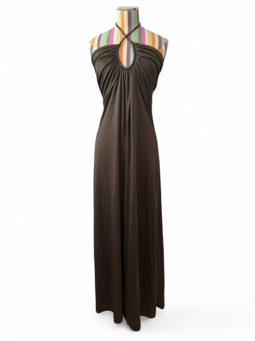 Vintage 1970s Joy Stevens California Scoop Neck Halter Maxi Dress Olive Green